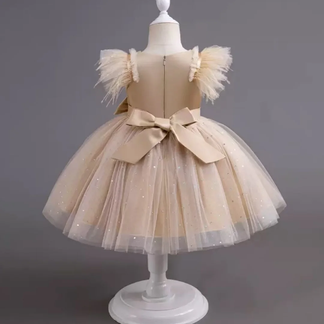 Summer Girls' Dress New Bow Sequin Flying Sleeves Mesh Fluffy Skirt Piano Competition School Graduation Ceremony Dress