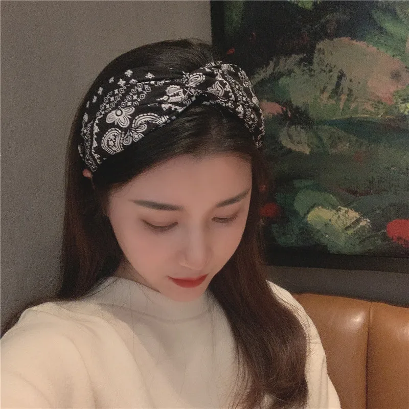 

IHUES Fashion Hair Bands Printed Cross Knotted Headwear Hair Clips Women Simple Temperament Headbands Daily Decoration