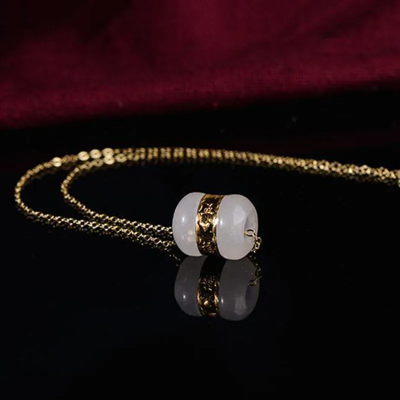 Classic Natural Hetian White Jade Small Cylindrical Pendant Necklace Chinese Style Retro Bohemian Elegant Lady Jewelry