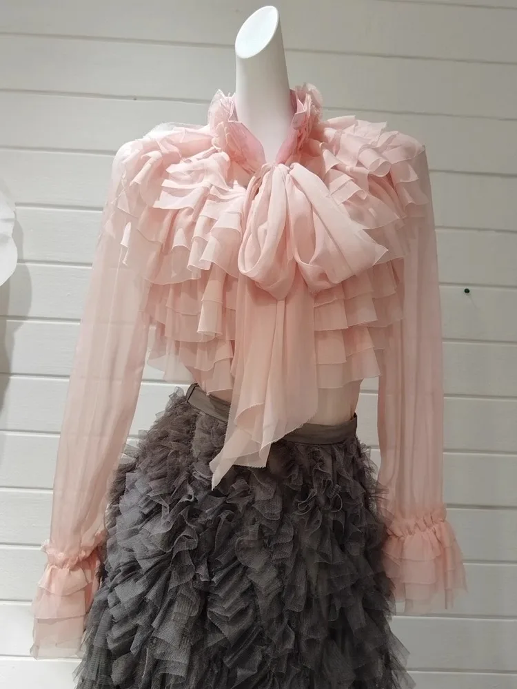 

Elegant Vintage Stand Collar Chiffon Shirt for Women Ruffles Patchwork Mesh Long Sleeve Blouses 2025 Summer New Blusas Mujer