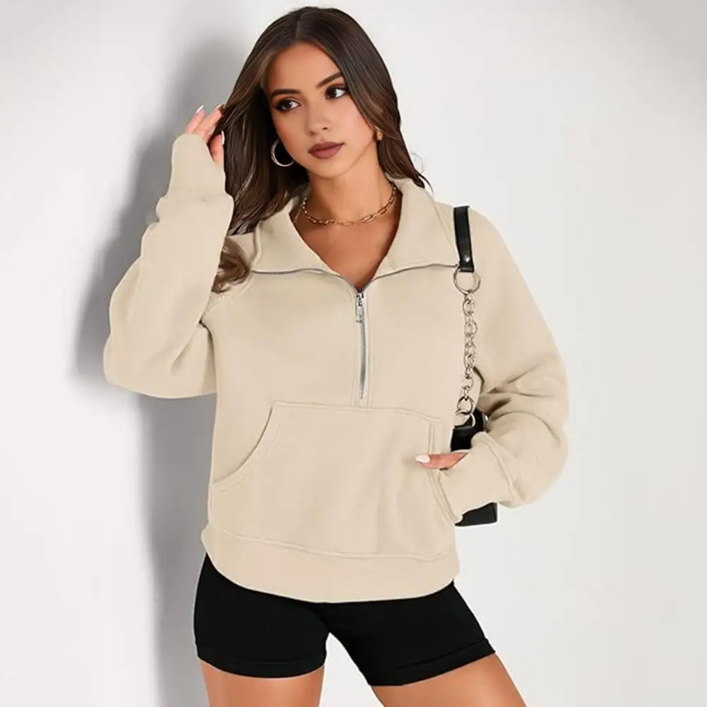 Women Half Zip Pullover Sweatshirt Cozy Half Zipper Sweatshirt with Big Pocket Turn-down Collar for Fall Winter Loose for Wear