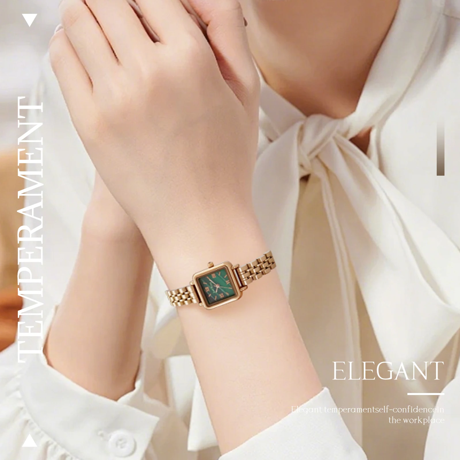 LEO RING Women's Square Watch, Elegant Business Quartz Roman Numeral Display, Rose Gold Watch/Green Face Stainless Steel Strap