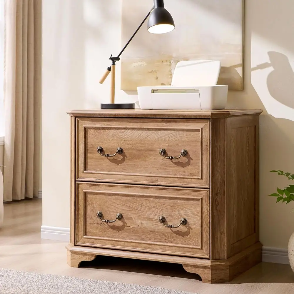 خزانة ملفات خشبية كبيرة ذات درجين مع قضبان انزلاقية ناعمة، حجم حرف/قانوني، لمسة نهائية من خشب البلوط العقدي