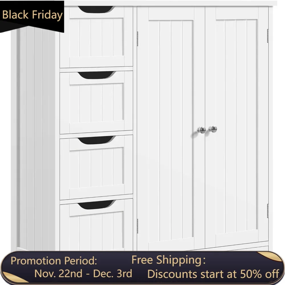 Wooden bathroom independent floor cabinet, side storage and organizing cabinet with 4 drawers and double doors