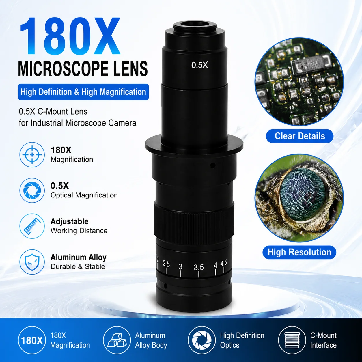 YIZHAN 130X 150X 180X 215X C-Mount Zoomobjektiv Einstellbare optische Linse 40/50mm Installationsdurchmesser Mikroskop Vergrößerungswerkzeug