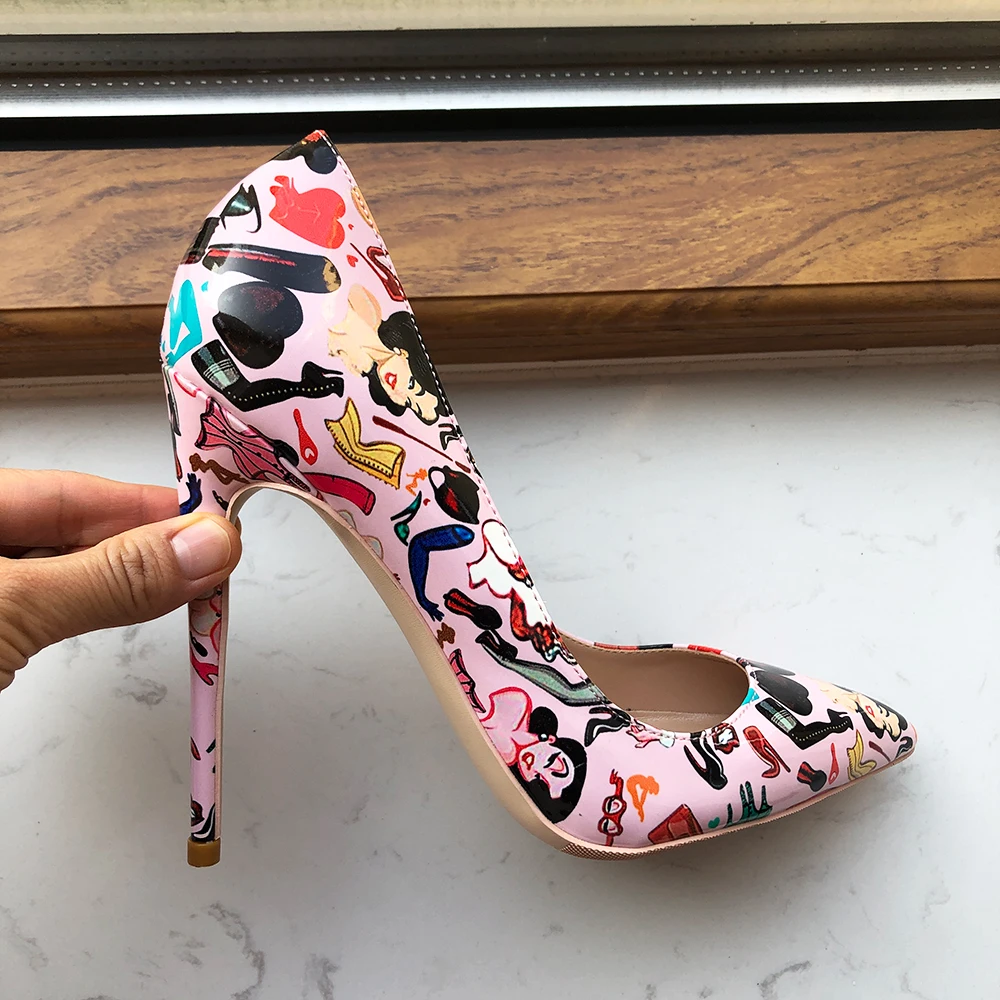 Tikicup Fashion Printed Women Pointy Toe High Heel Shoes for Floral Dress White Patent Leather Stiletto Pumps Plus Size 33-45