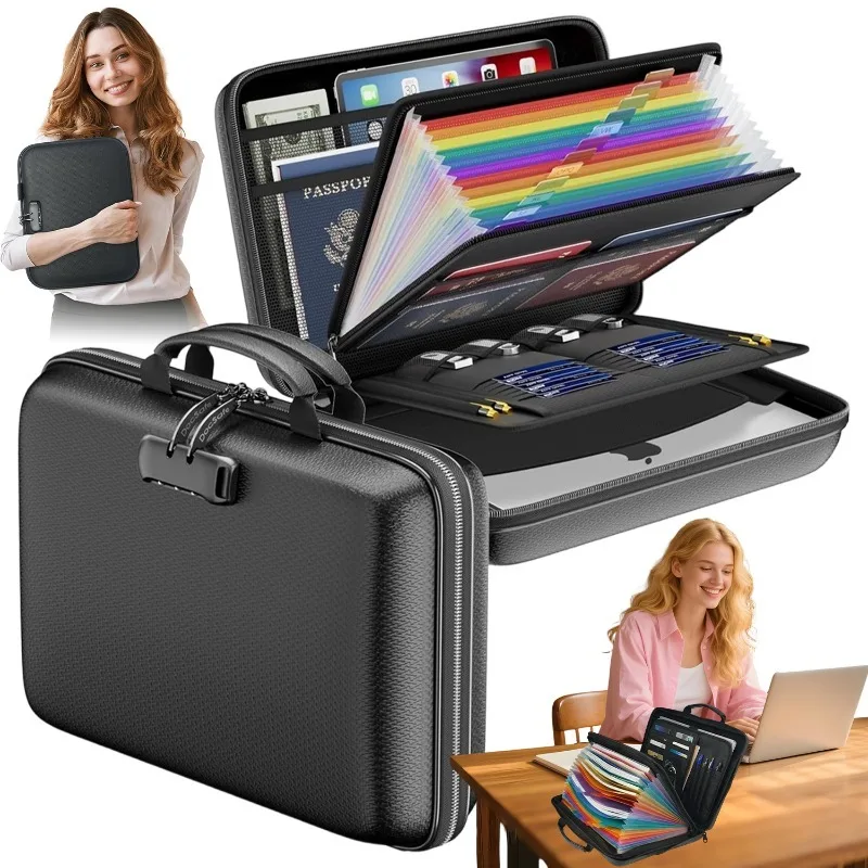 Boîte de rangement pour documents, étui rigide multi-compartiments pour contrats, factures et cartes, poignée portable, idéal pour le classement à la maison et au bureau.