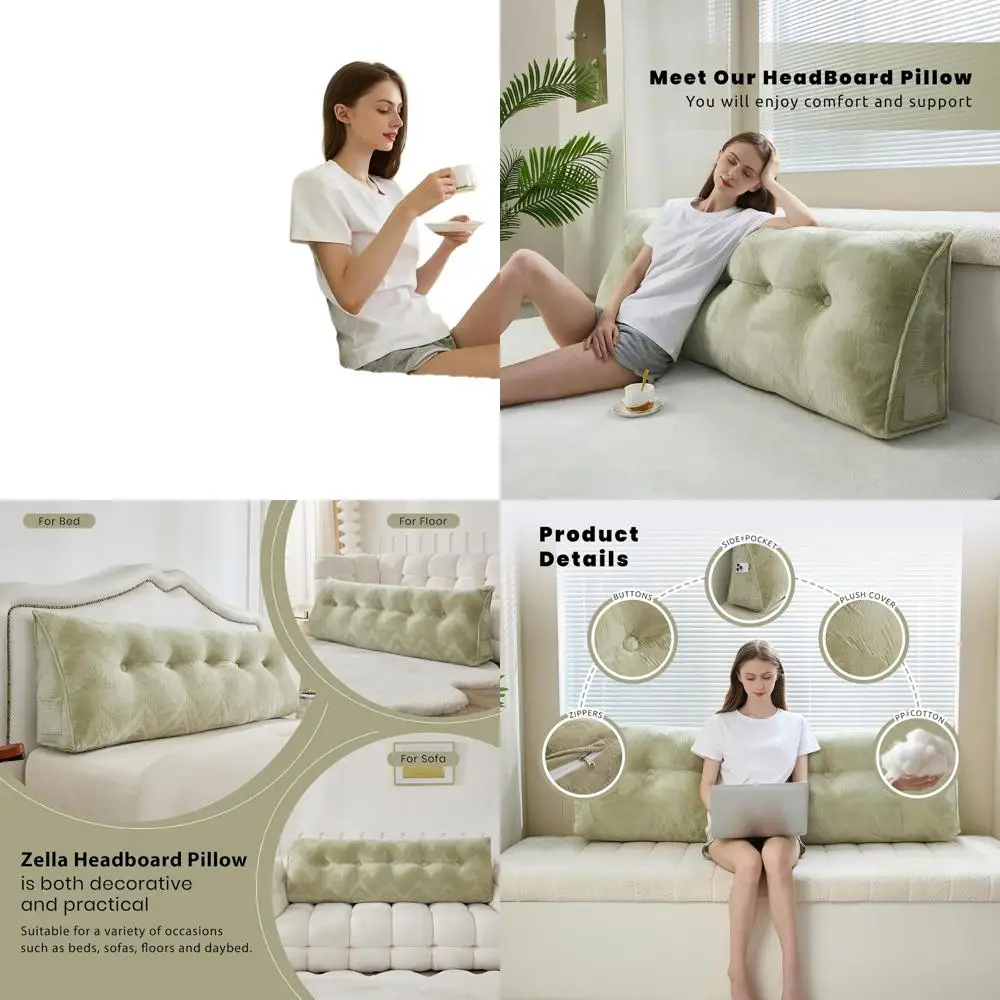 

Queen Size Triangular Bolster Pillow with Removable Cover for Reading and Resting, Sage Green