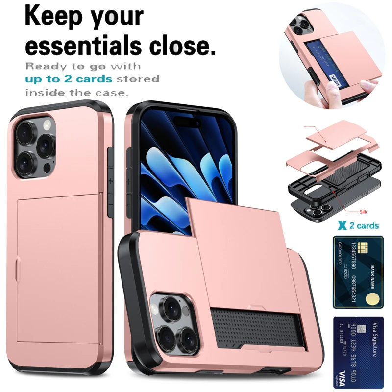 

Роскошный однотонный чехол для телефона с слотом для карт Push Pull для iPhone 16 Pro Max E 14 11 12 13 15 Pro Max Mini Bumper Back Cover