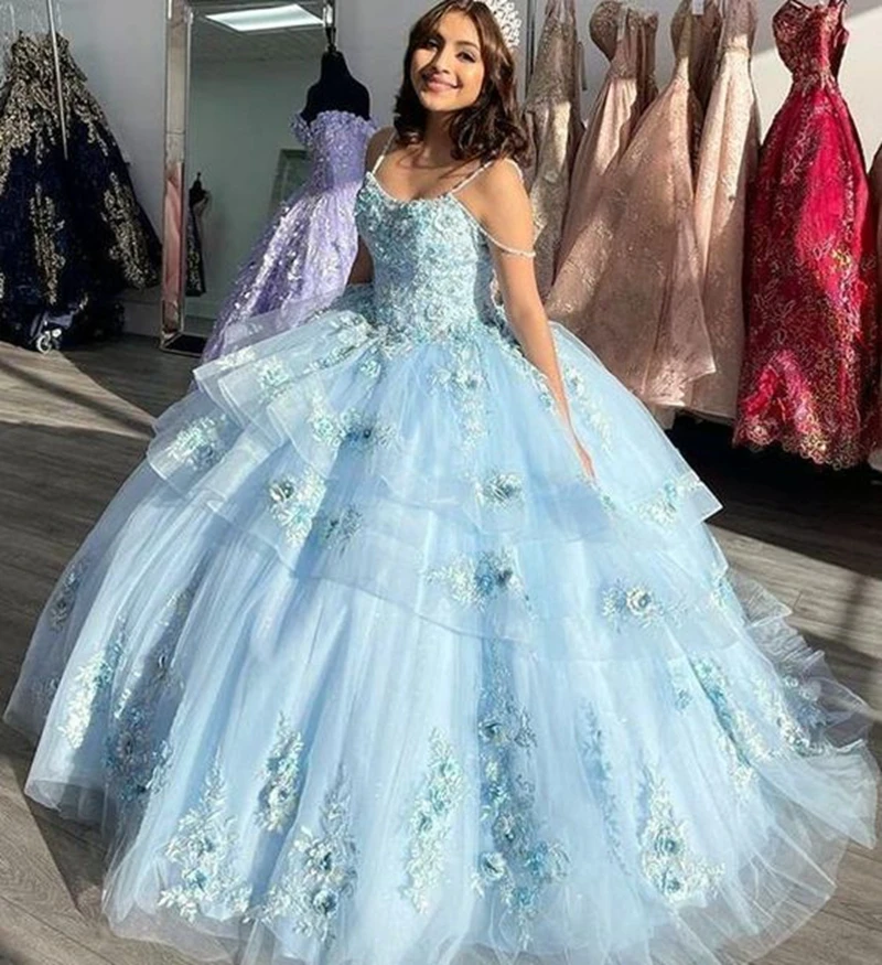 ANGELSBRIDEP-vestido De baile azul para quinceañera, traje con apliques 3D De flores, Vestidos De fiesta De noche con cuentas finas, 15 Años, nuevo