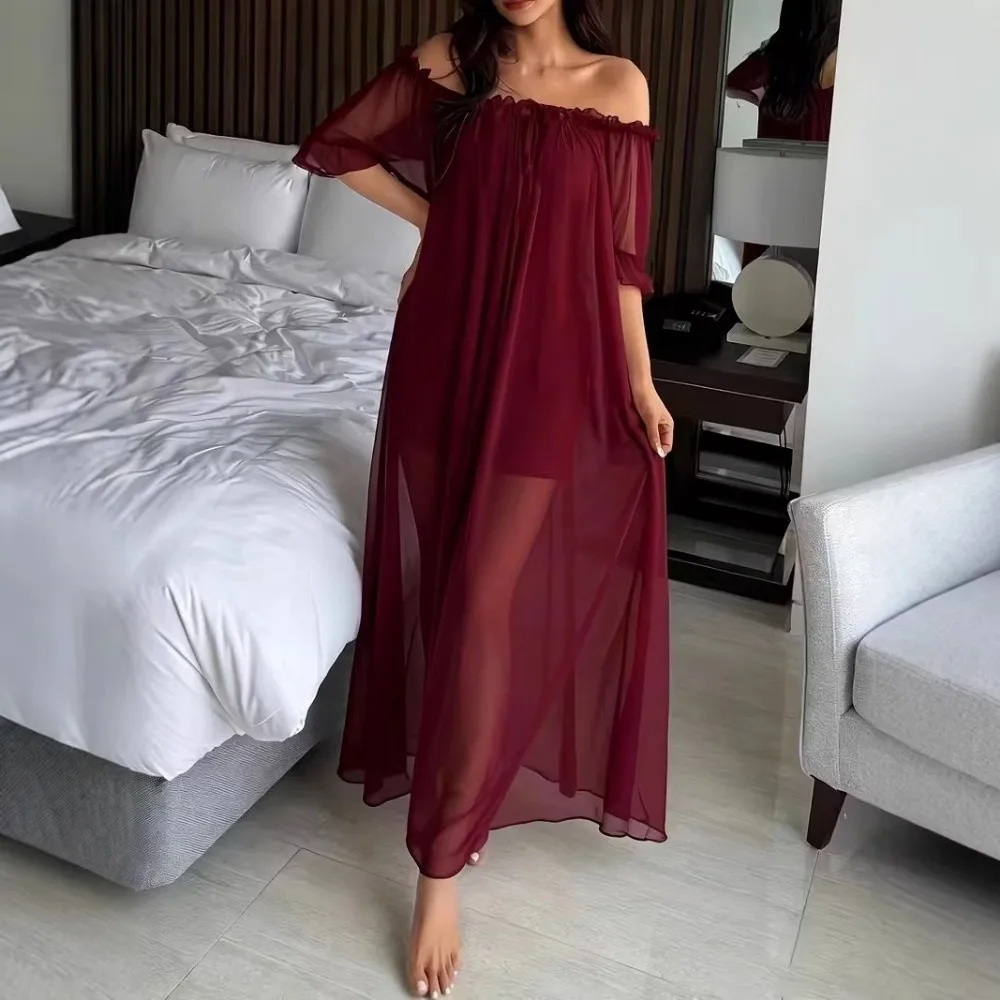 Sleepwear Off Shoulder Sheer Nightgown V-neck Short Sleeve Mesh Nightdress Transparent Ruffle Long Sleeping Dress Sleep