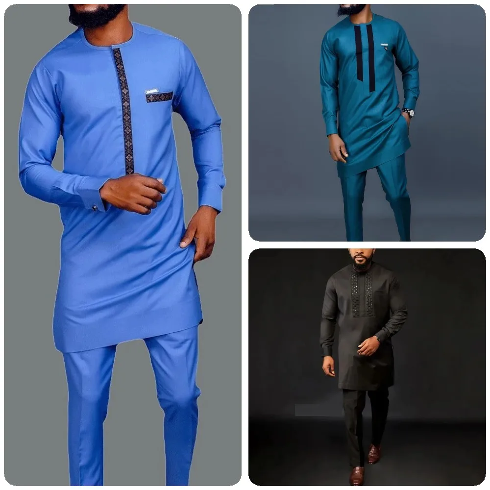 Dashiki African Men Clothing Men's Suit Blue Casual Long Sleeve Ethnic Print Shirt And Pants Two Piece Men's Sets (M-4XL) 2022