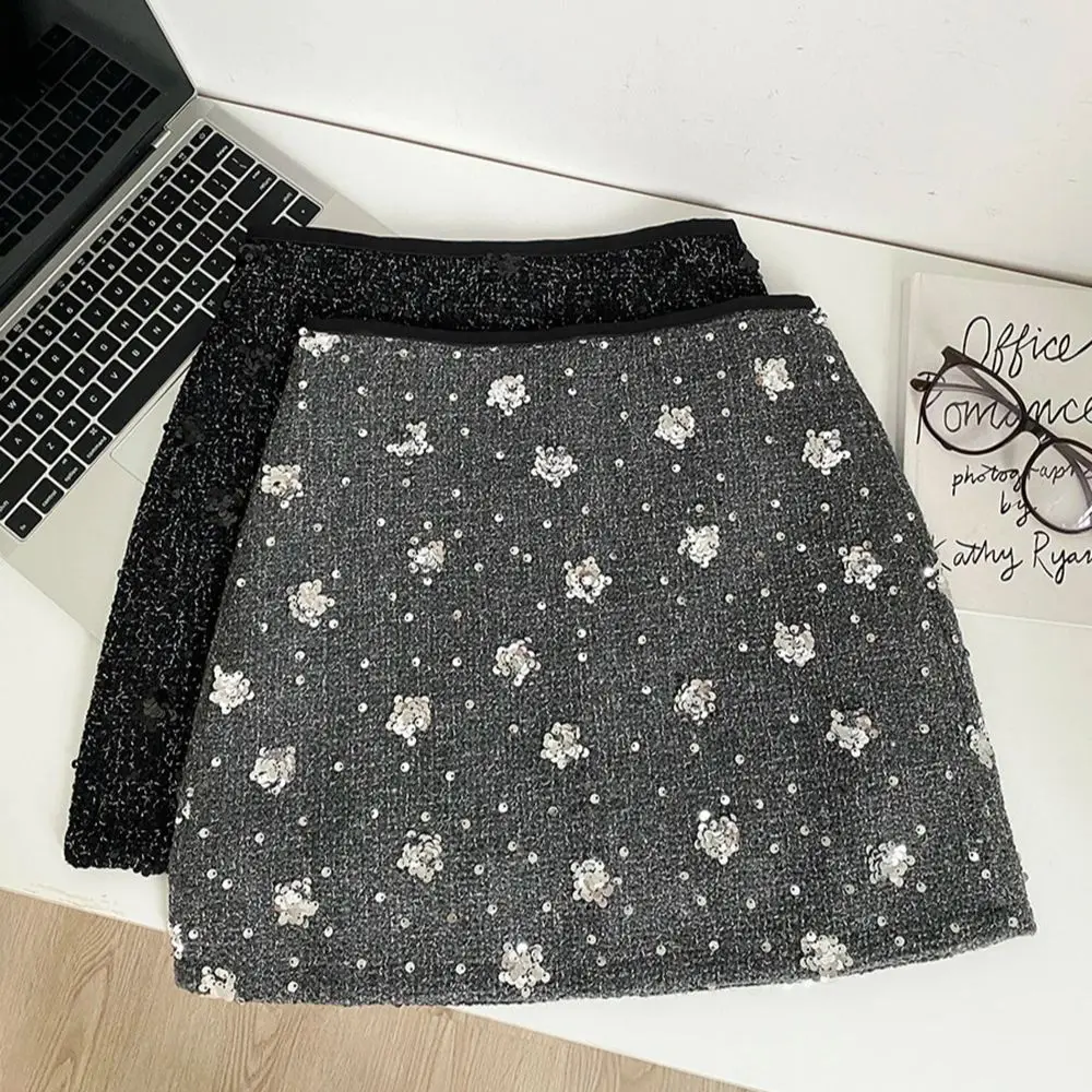 French Vintage Luxury Style Short Skirts Women's Winter New Fashion Heavy Sequins Floral Applique High Waist A-Line Skirt