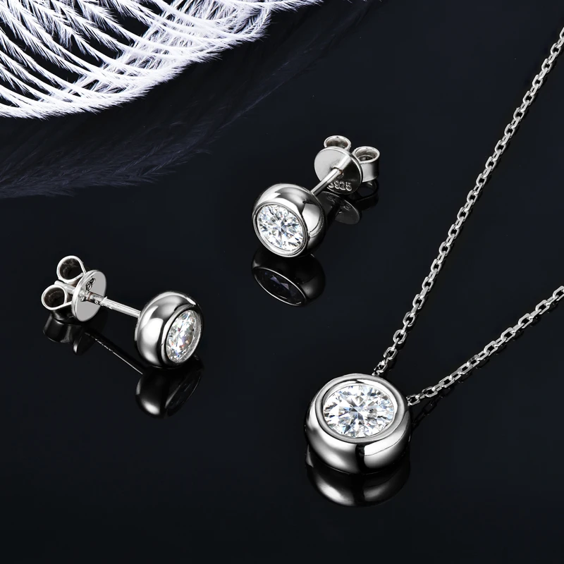 IOGOU 6.5mm 1ct Bezel Moissanite Pendant Necklace Earrings Sets 925 Silver Adjustable Chain for Women Certified Fine Jewelry Set