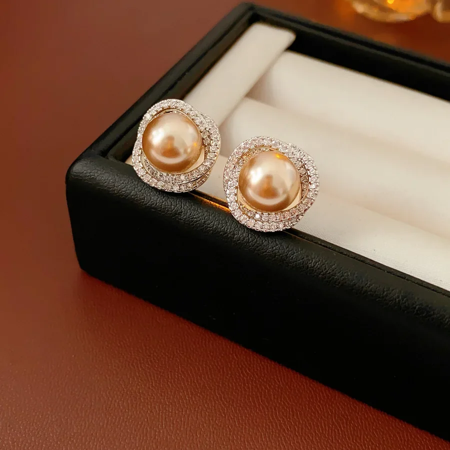 Zircon Vortex Pearl Earrings for Women 2025 French Retro Versatile Fashion Stud Earrings High-end Light Luxury Jewelry
