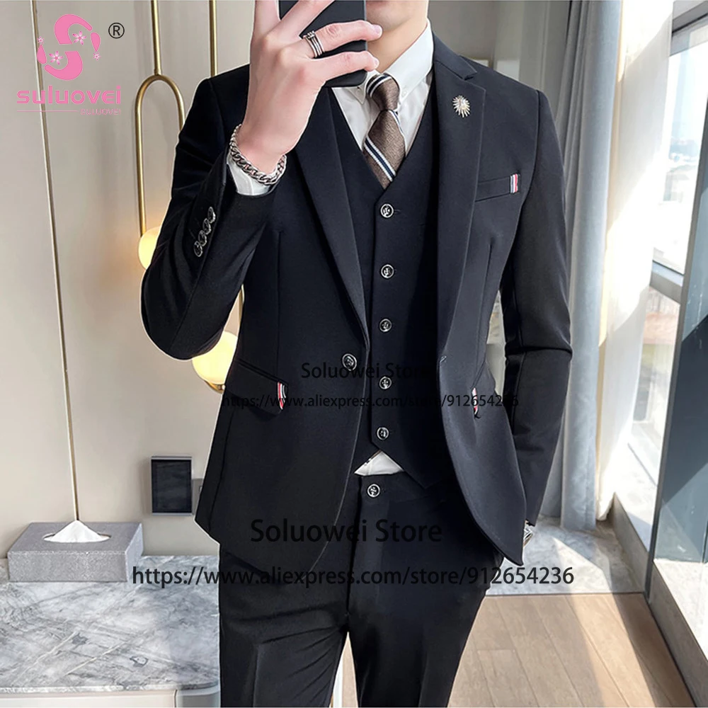 

Fashion Black Suits For Men Slim Fit 3 Piece Jacket Vest Pants Set Male Business Blazer Formal Groom Wedding Notch Lapel Tuxedo