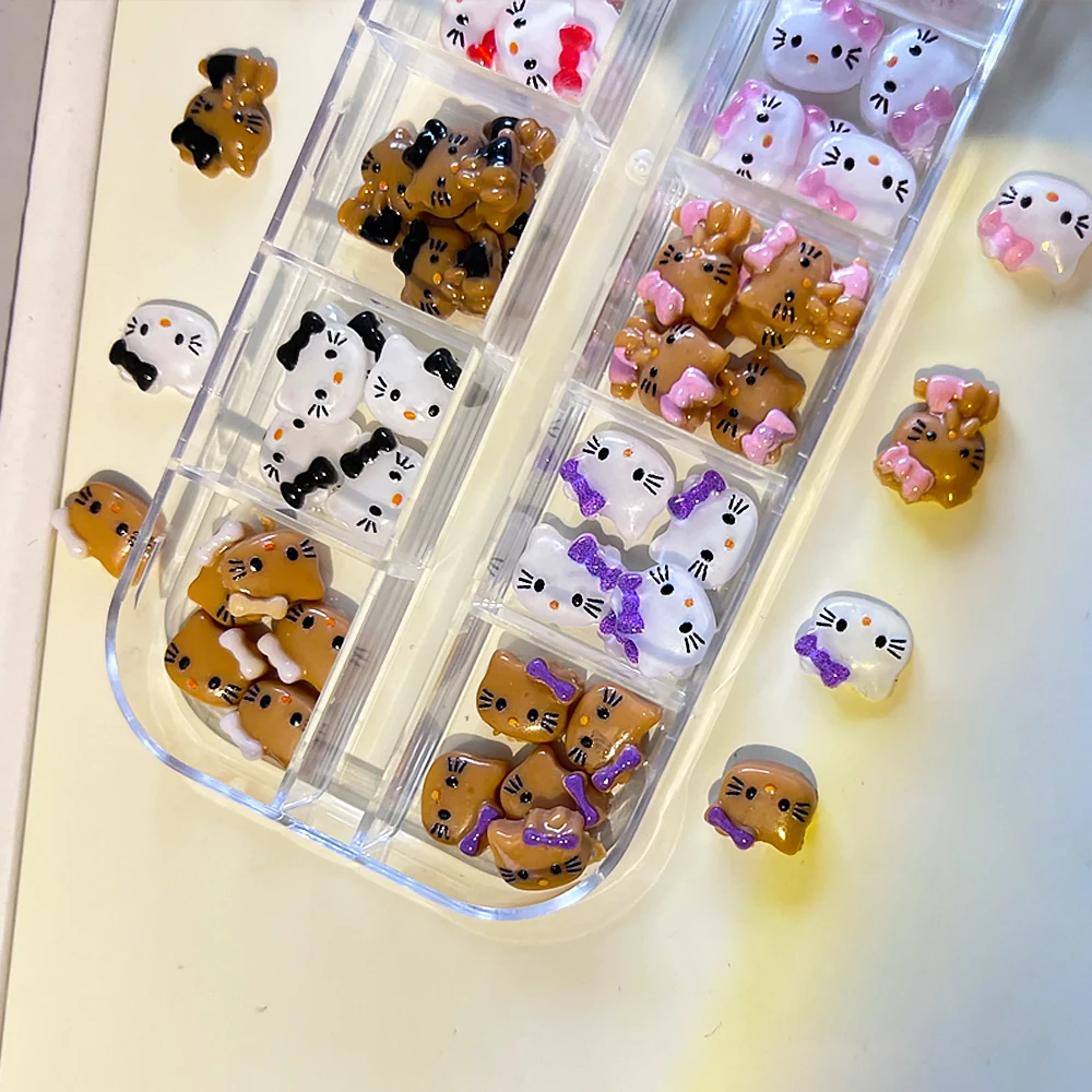 12グリッド 3D漫画 ハローキティ ネイルアートチャーム 可愛いブラウン/タンニングキティヘッド ネイル用品 グリッターピンク KTボウデザイン ネイルデコ