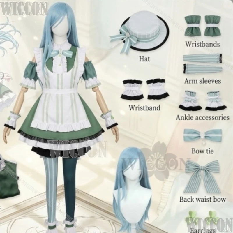 

Project Sekai Wl2 Cosplay Kiritani Haruka Green Striped Apron Kawaii Maid Outfit Hat Lace Dress Wig Halloween Comic Con Festival