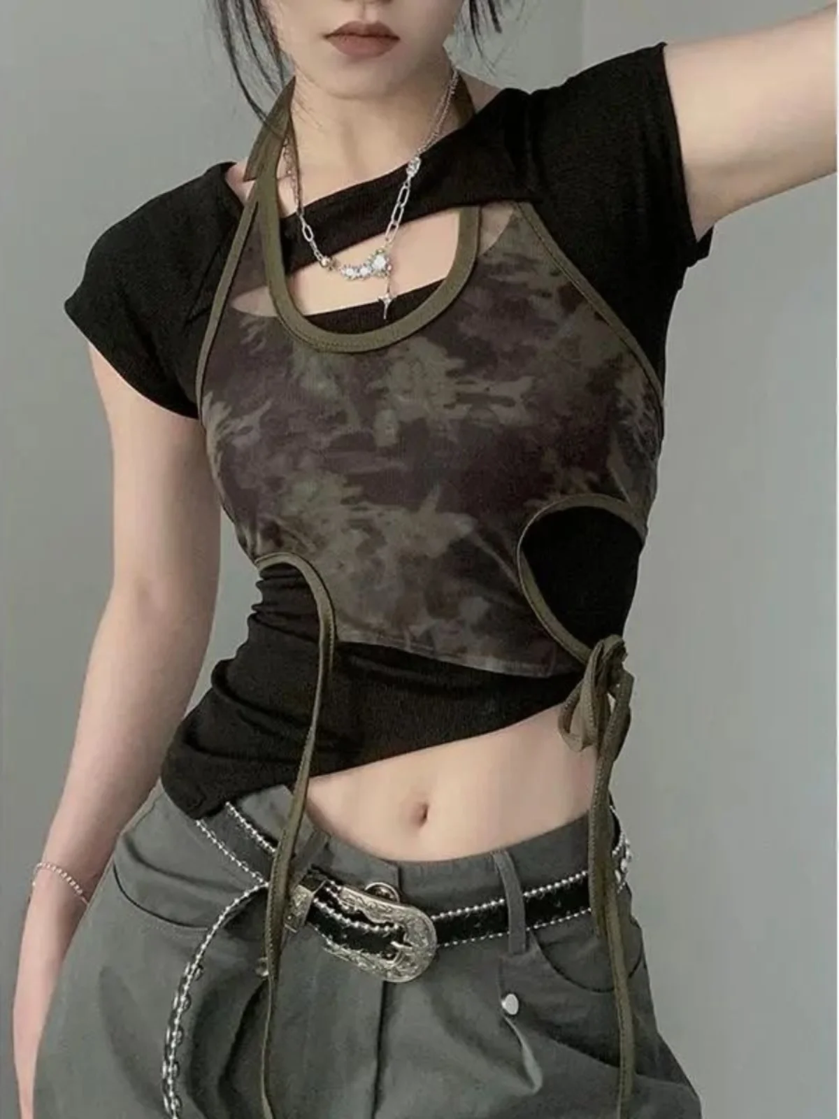 Summer Women's Camouflage Print Hollow out Strap Vest T-Shirt Set Irregular Short Sleeve Hollow out Design Neck Hanging Sle