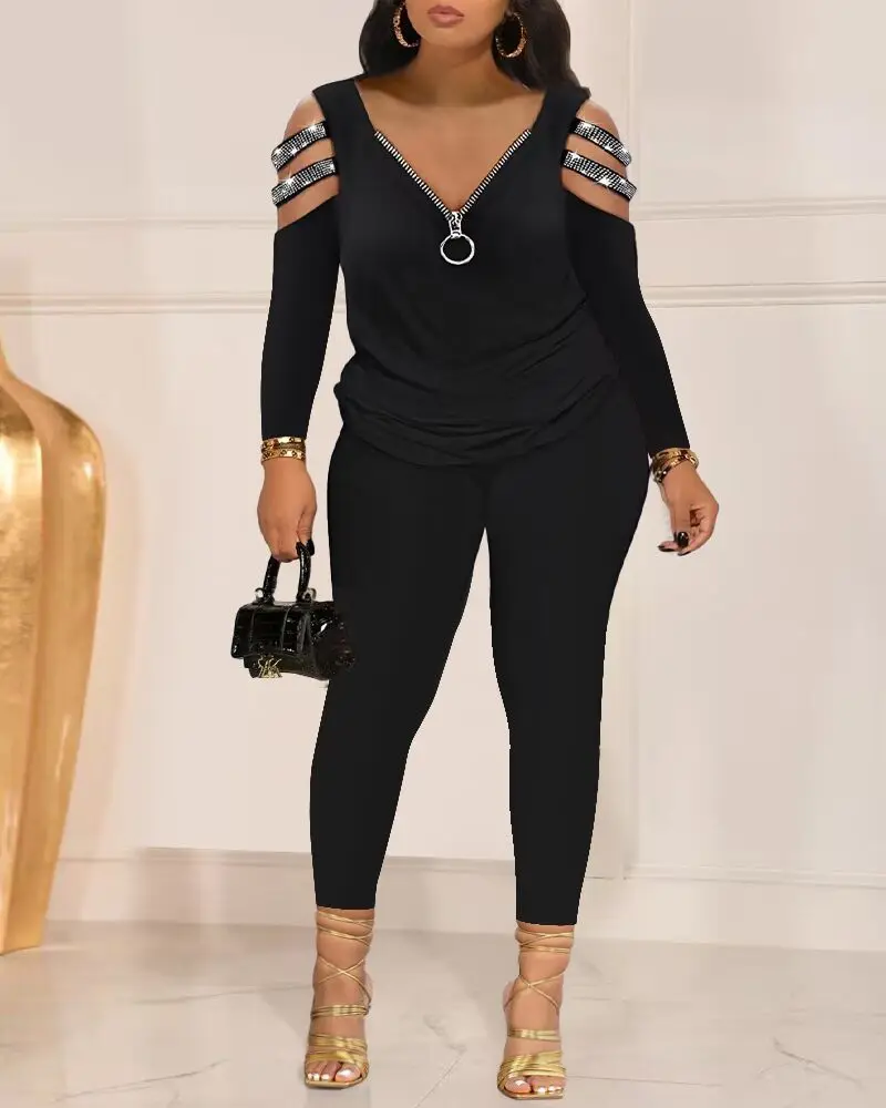 

Fall Casual Two Piece Set Women Outfit Spring Long Sleeve Suit Rhinestone Cold Shoulder Top & High Waist Trousers Pants Sets