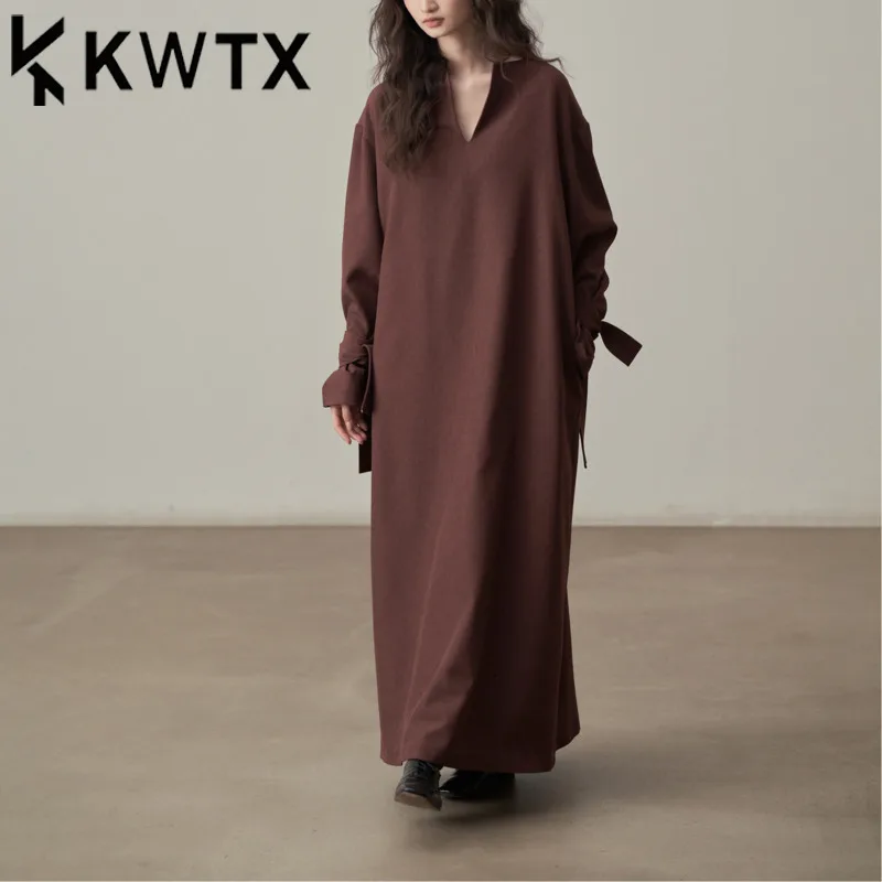 

KWTX 2025 Spring Summer Casual V-Neck Tie Waist Slimming Dress Elegant Retro Streetwear Pure Color Luxury Design