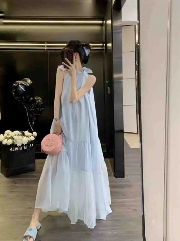 Summer Blue Bow Dress Hanging Neck Strap Summer Long Skirt Beach Vacation Skirt Leisure Commuting Beautiful Skirt