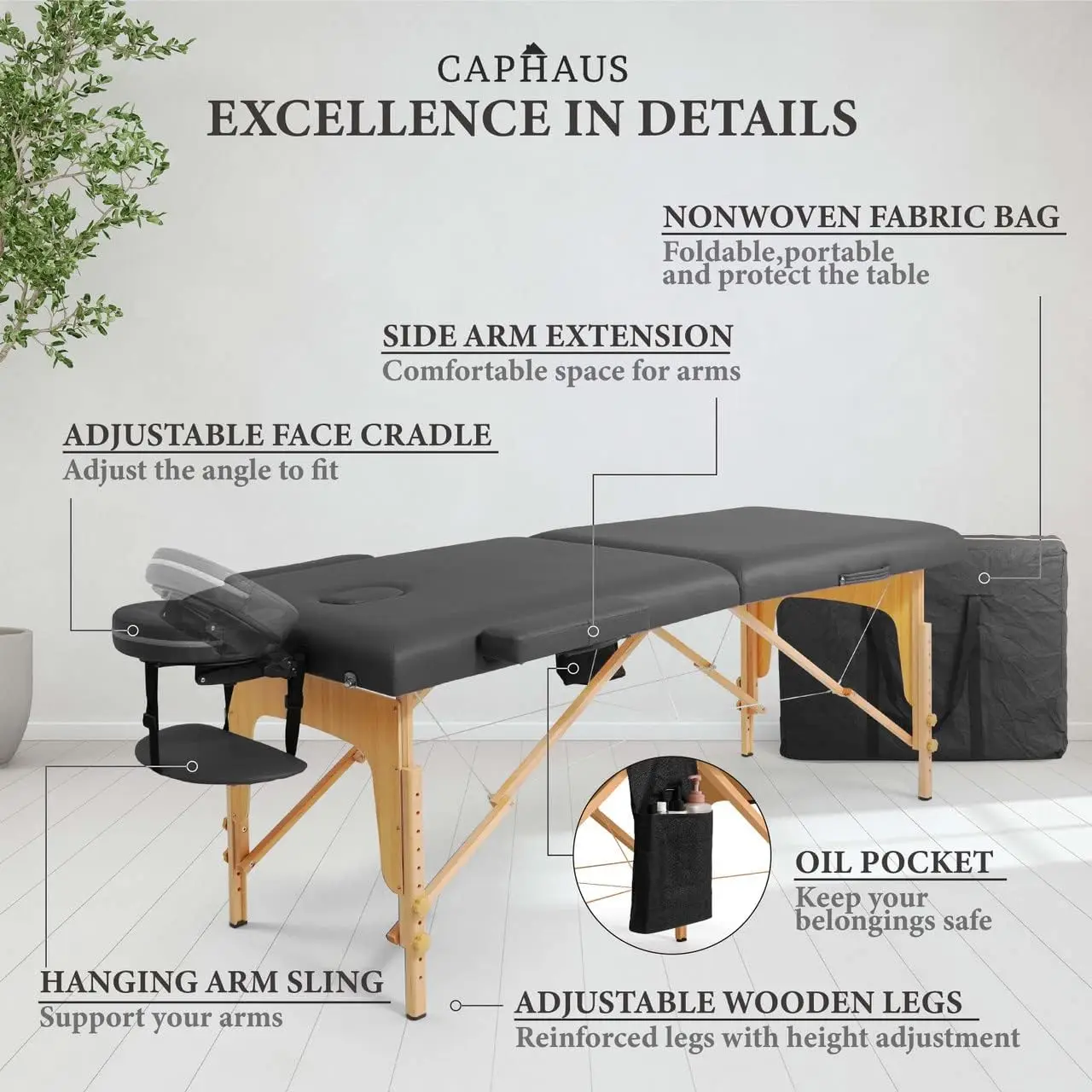 Mesa de masaje de espuma viscoelástica Premium, cama de masaje plegable y portátil de 84 pulgadas, cama de Spa ajustable en altura, patas de madera y estuche de transporte