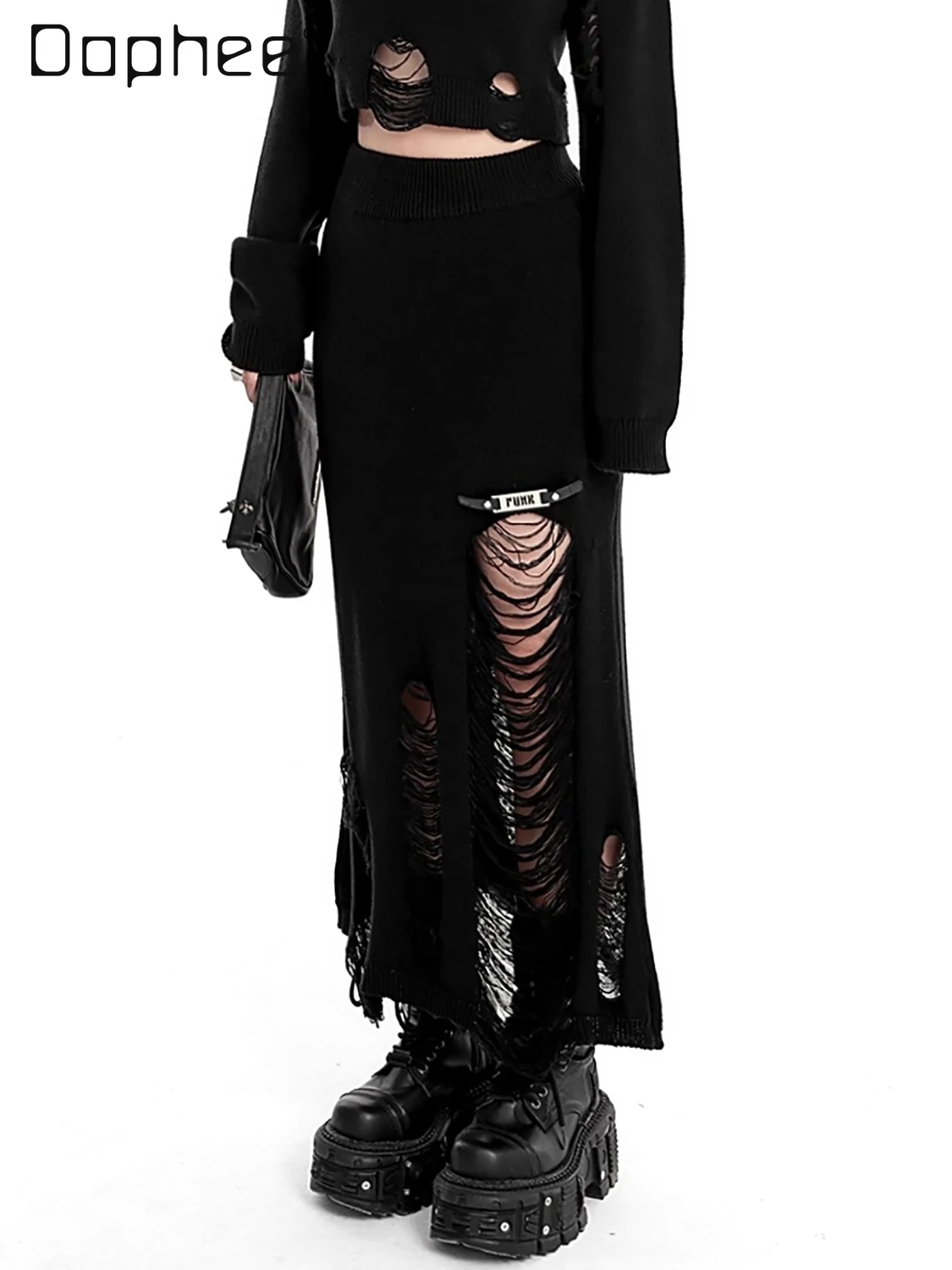 Punk Knitted Fishtail Skirt Ripped Irregular High Waist Elastic Long Skirt Personality Black Gothic Y2k Mid Length Skirt