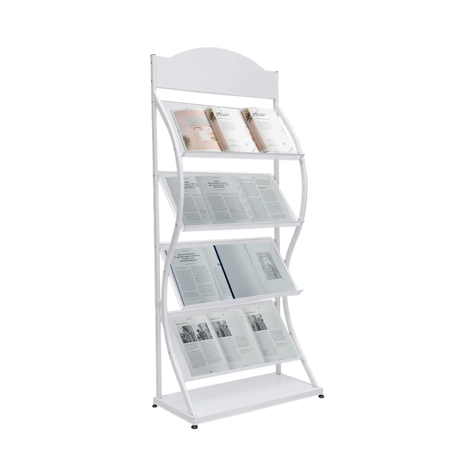 White Floor Standing Wire Magazine Display Rack, 4-Tier Brochure Literature Display Stand Racks Magazine Holders, Customized