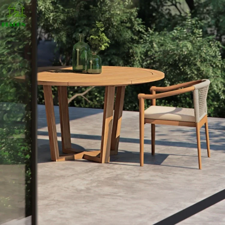 Patio Teak Round Dining Table Set Wooden Modern Luxury Waterproof Garden Furniture 6   Seater Set Dinning Table And Chair view 3