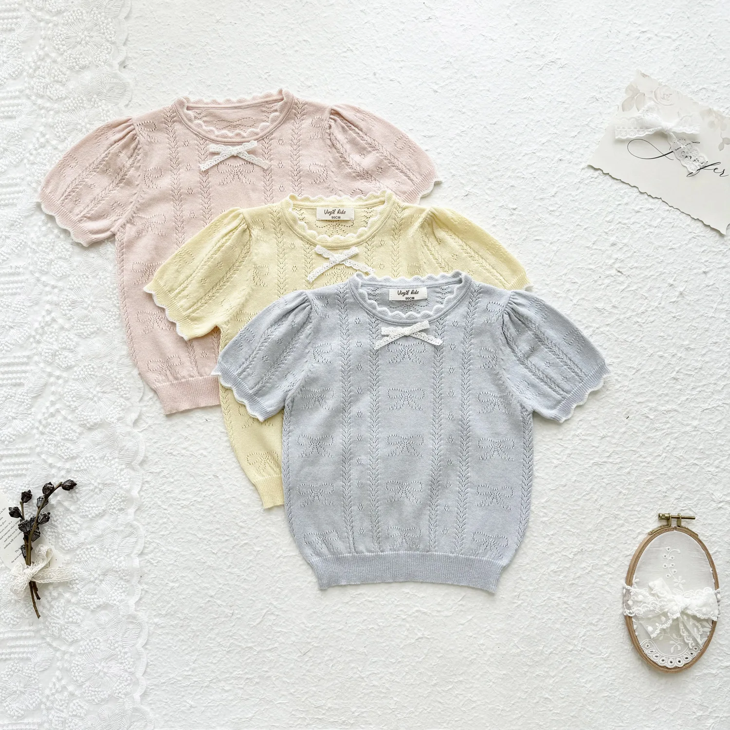 New 2026 Summer Baby Girls Knitted Pullovers Tops Short Sleeve Hollow Out Bowknot Kids Sweet Shirts