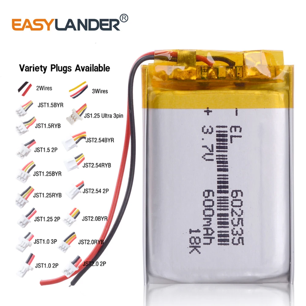 JST2.0 2P JST1.25 602535 3.7V 600mAh Rechargeable Lithium Lipo Li-ion Polymer Battery