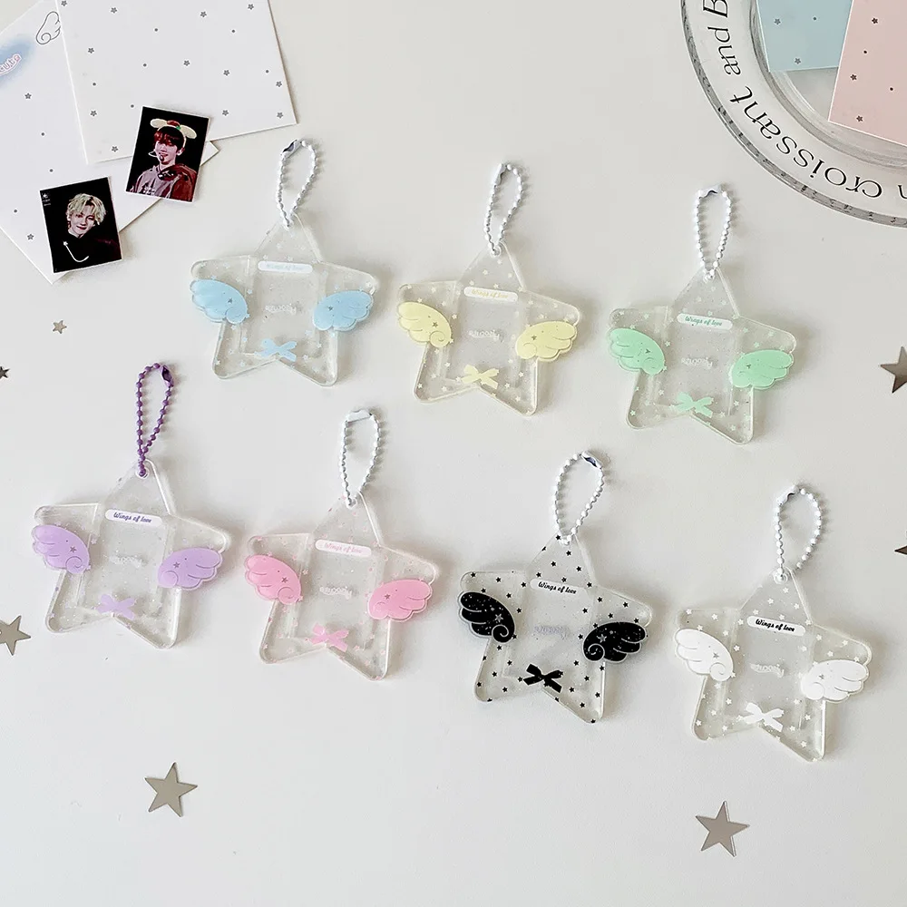 Transparent Acrylic Glitter Star 1-Inch Photo Frame Pendant Cute Angel Wings Keychain 1-Inch Photo Frame Pendant Key Chain Gifts