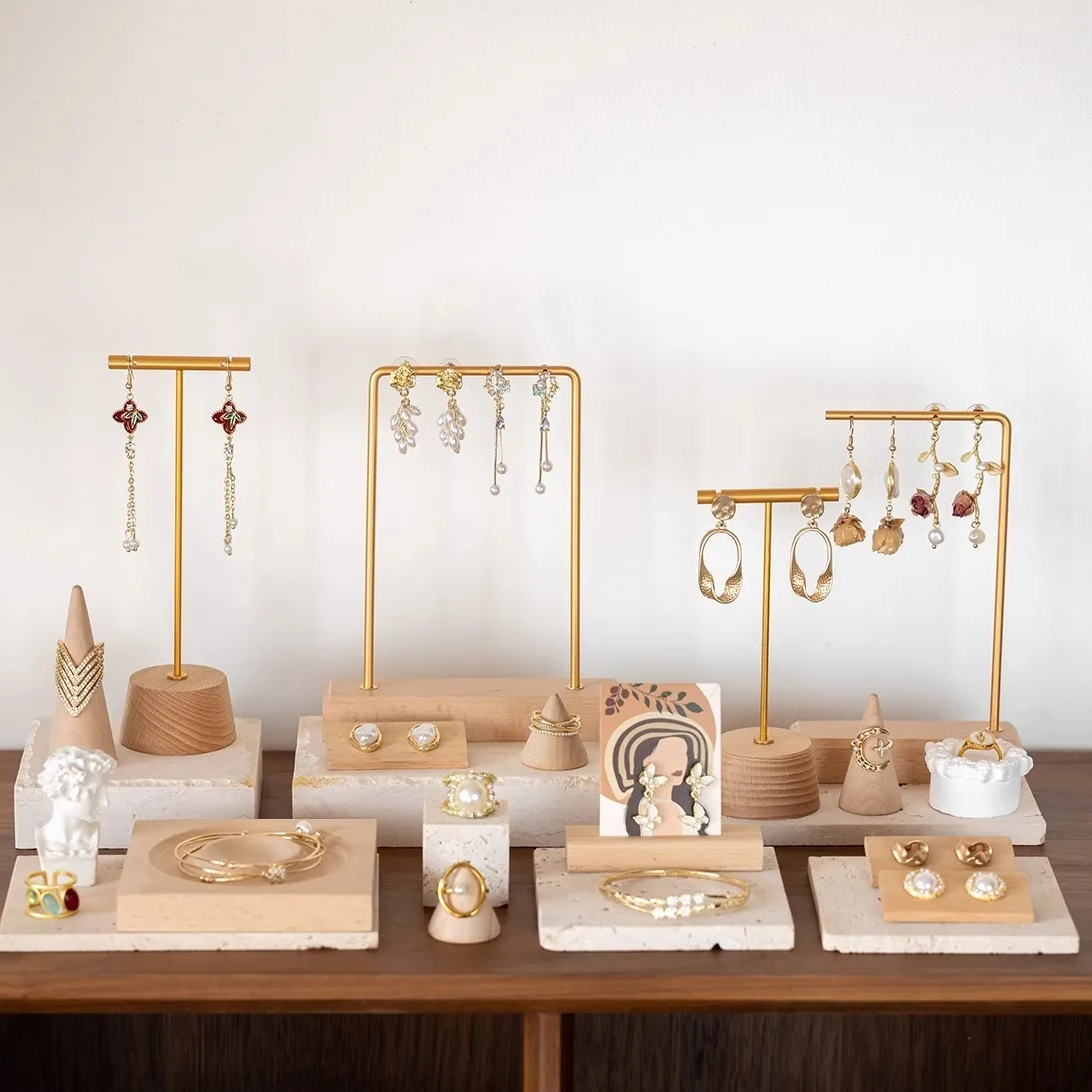 

Walnut Wood Multi-functional - Earring Ring Jewelry Display Stand Tray for Photography Props Home Storage Showcase