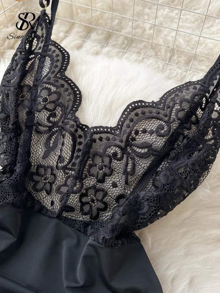 Camicie senza maniche Tute sexy in pizzo Donna Lingerie sottile senza schienale Pagliaccetti trasparenti Summer Night Club Tute erotiche