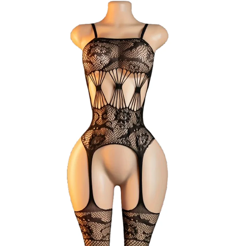 1 piece of women's seductive cut-out lace-up lace bodysuit—steamy open-crotch lingerie and sexy mesh bodysuit.