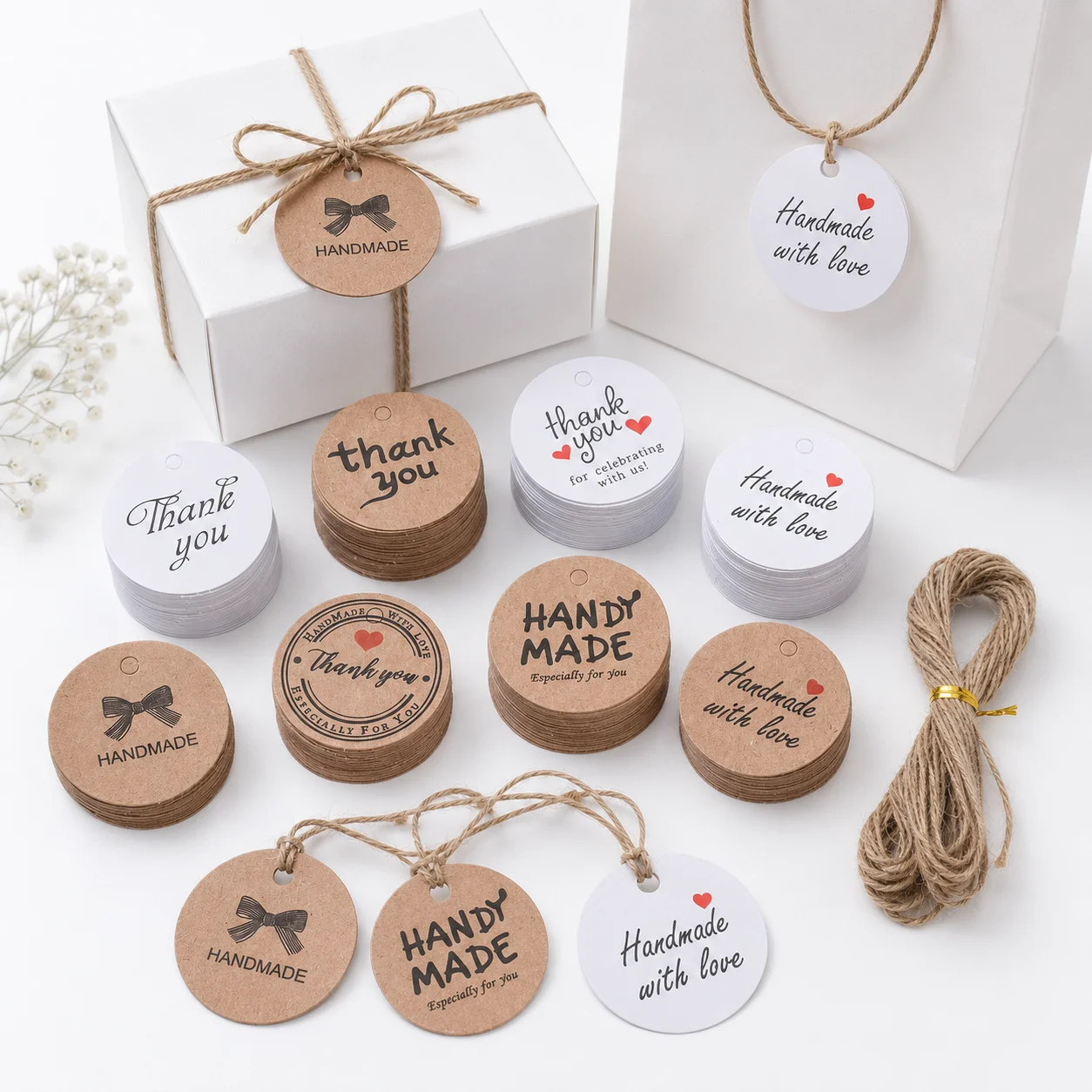 100 Stück Vintage Runde Papier-Geschenk-Etiketten, Blanko-Dankeschön-Etiketten und handgemachte Etiketten auf der Rückseite für Kleinunternehmen-Verpackungen mit Schnur – Detail 4