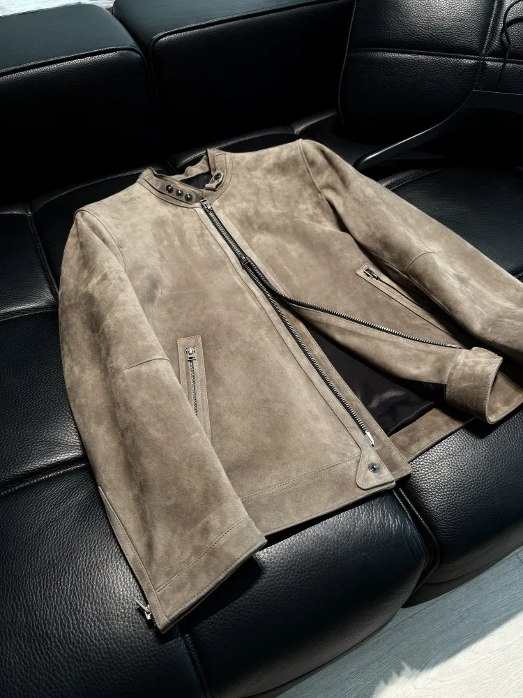 Fashion Mens New Slim Fit Stand Collar Zipper Soft Natural Suede Leather Jacket Motorcycle Outwear Coat Business Work Jackets