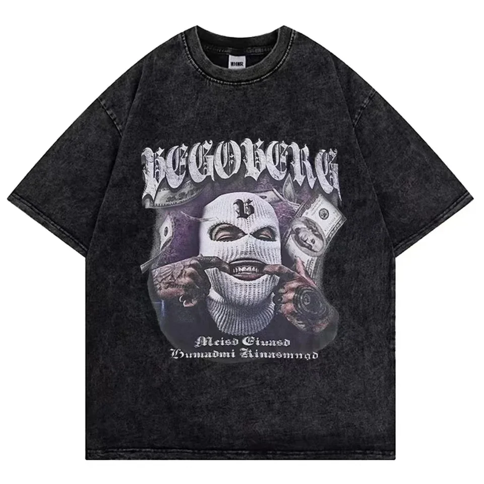 Gothic Style Men T-Shirts Vintage Washed 100% Cotton T Shirts Hip Hop Skeleton Print Tees Summer Casual Tops Y2K Clothes