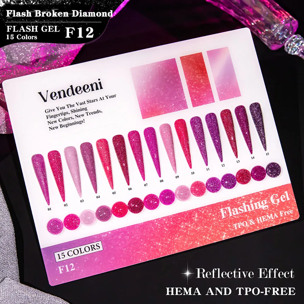 Vendeeni 15 Colors/set Red Glitter Flash Broken Diamond Gel Nail Polish UV Reflective Sequins Gel Varnish With Color Card