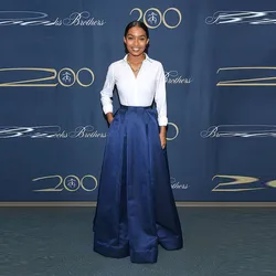 Fashion Satin Long Skirt Party jupe femme Navy Blue Color Maxi Women Skirt Custom Pockets Special Occasions Wear