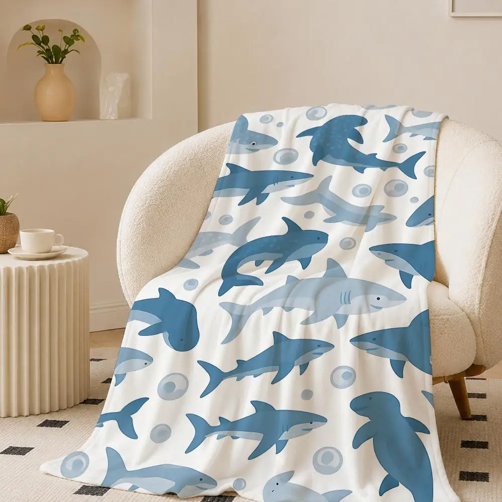 1pc shark print Throw Lightweight 240g Flannel Blanket Soft Skin-friendly for Summer Cooling