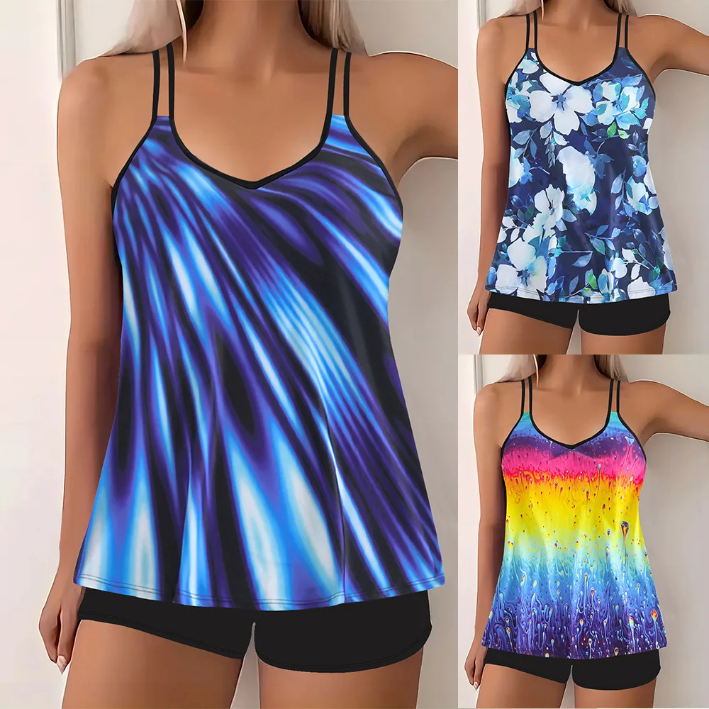 

2025 Fashion Modest Tankini Set Floral Print Swimwear Summer Vest T-Shirts Summer Holiday Solid Black Shorts Sets Womens Ropa