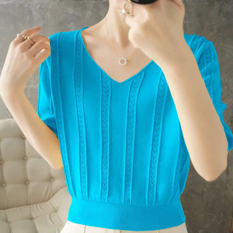 Fashion V-Neck Knitted Solid Color Casual Blouse Women\'s Clothing 2023 Summer New Oversized All-match Pullovers Commute Shirt