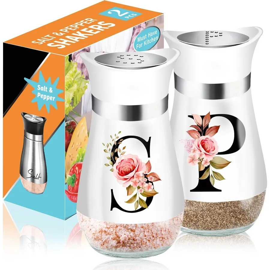 

Salt and Pepper Shakers Set 4 oz White Kitchen Accessories Stainless Steel and Glass Spice Dispenser Classic Refillable Design