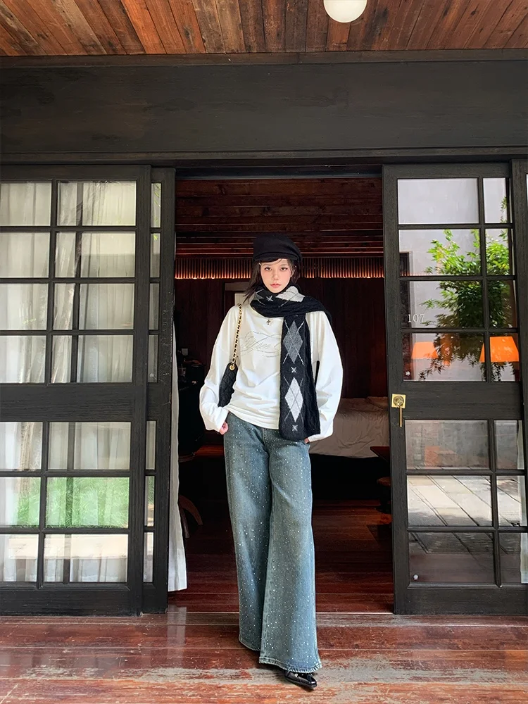 

Джинсы Forthelions Fce Lined Glittering Diamond с широкими штанинами, прямого кроя, повседневные, с высокой талией, из хлопкового денима серии Millennium