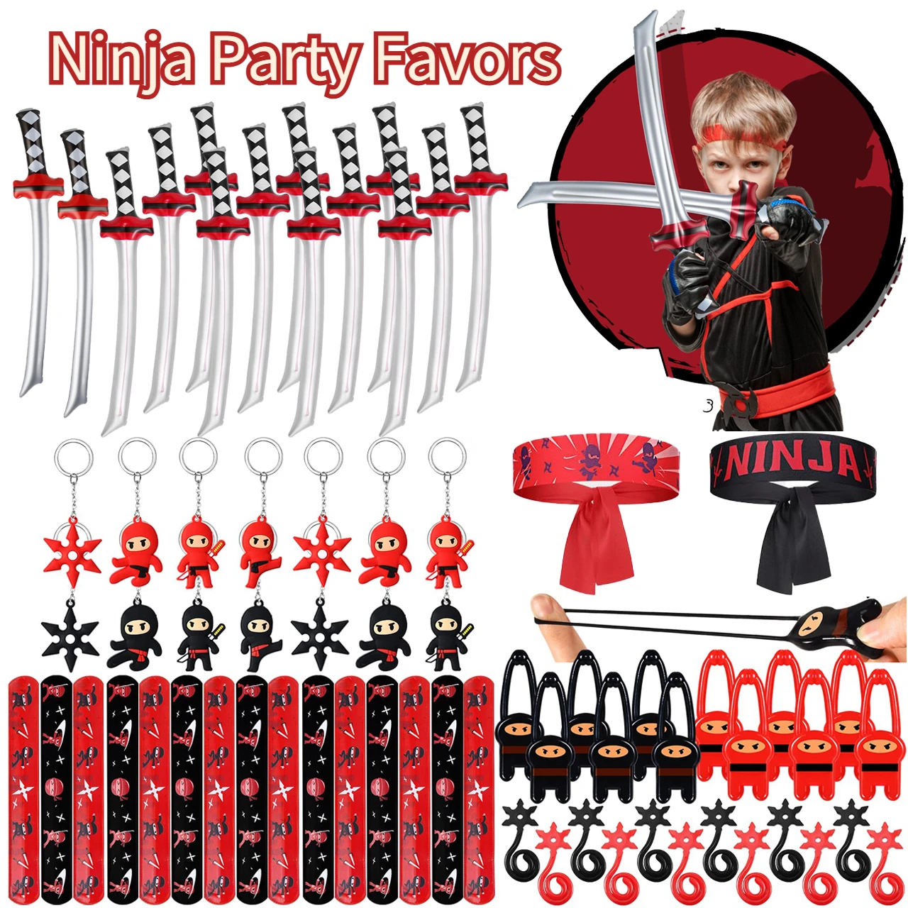 1-20sets Ninja Party Favors Karate Kids Headband Slap Bracelet Inflatable Sword Ninja Theme Birthday Gift Goodie Bags Stuffer