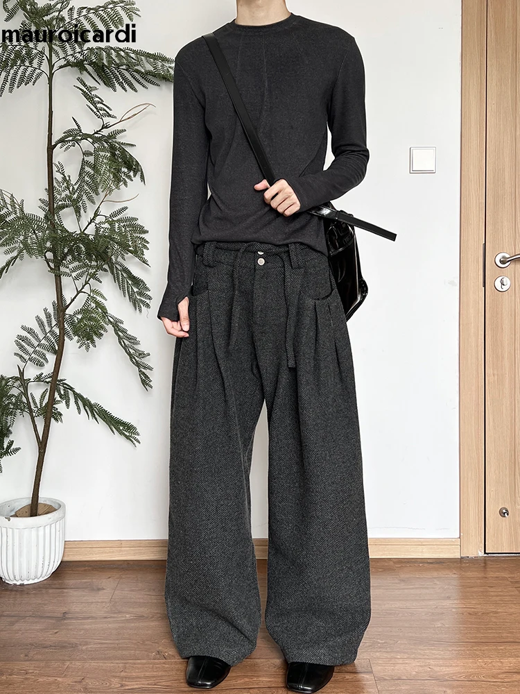 

Мужские широкие брюки Mauroicardi из смесовой шерсти, свободного кроя, черные, для весны и осени, 2026