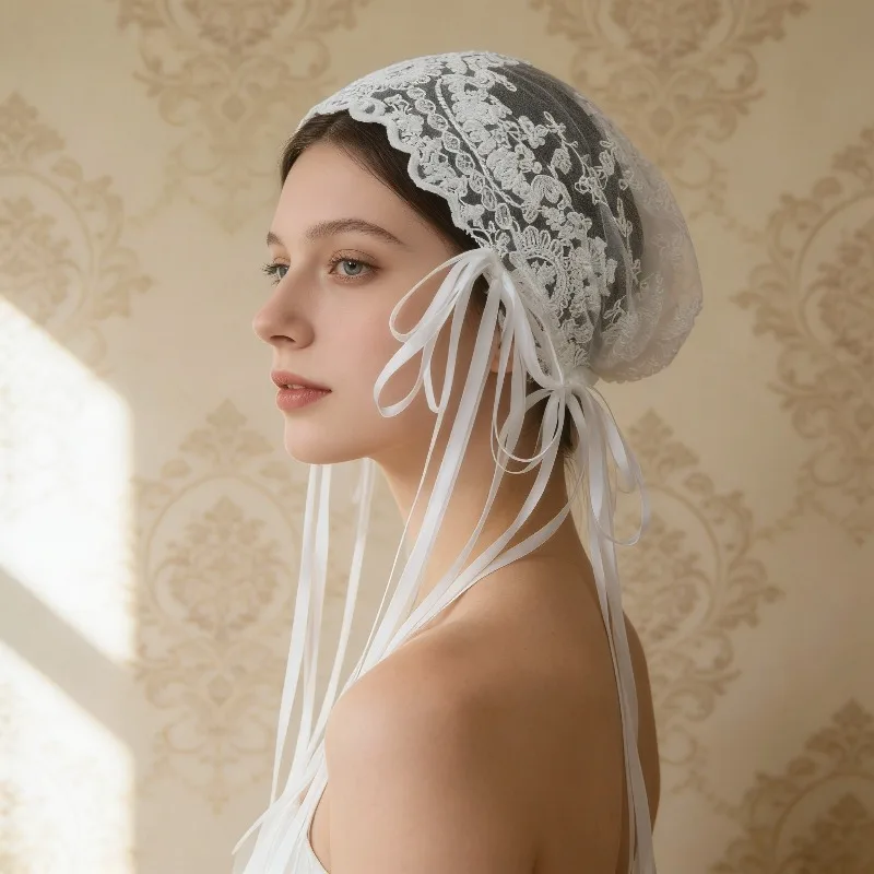 Neues französisches Retro-Braut-Spitzen-Schleifenband-Stirnband Mori High-End-Haarschmuck für Hochzeiten – Detail 5