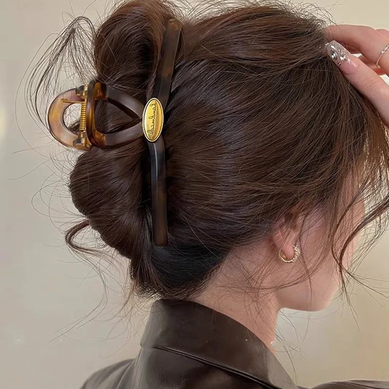 Retro Gold Color Letter Acrylic Hair Claws Clips for Women Hair Clip Trendy Cross Hairpin Korea Hair Accessories Girls Head Wear